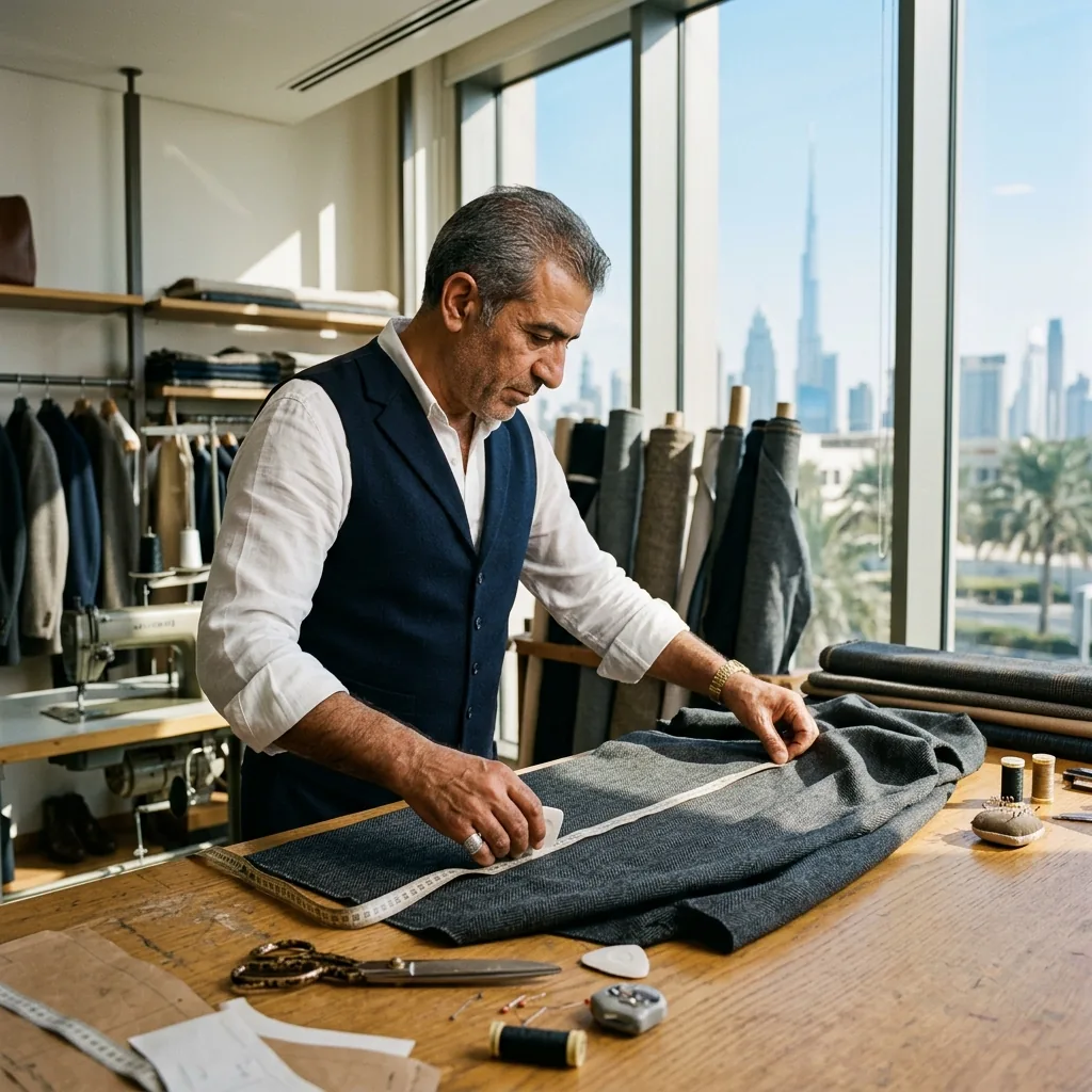 Ghazal Al Madeena Master Tailor Hand-Stitching Garment in Dubai Atelier